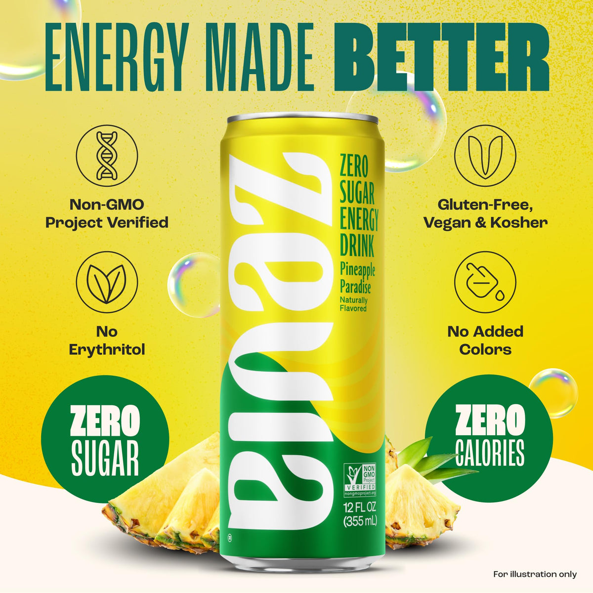Zevia Zero Sugar Energy Drink, Pineapple Paradise, 12 oz Cans (12-Pack) - Naturally Sweetened, Non-GMO Project Verified, Gluten-Free, Vegan