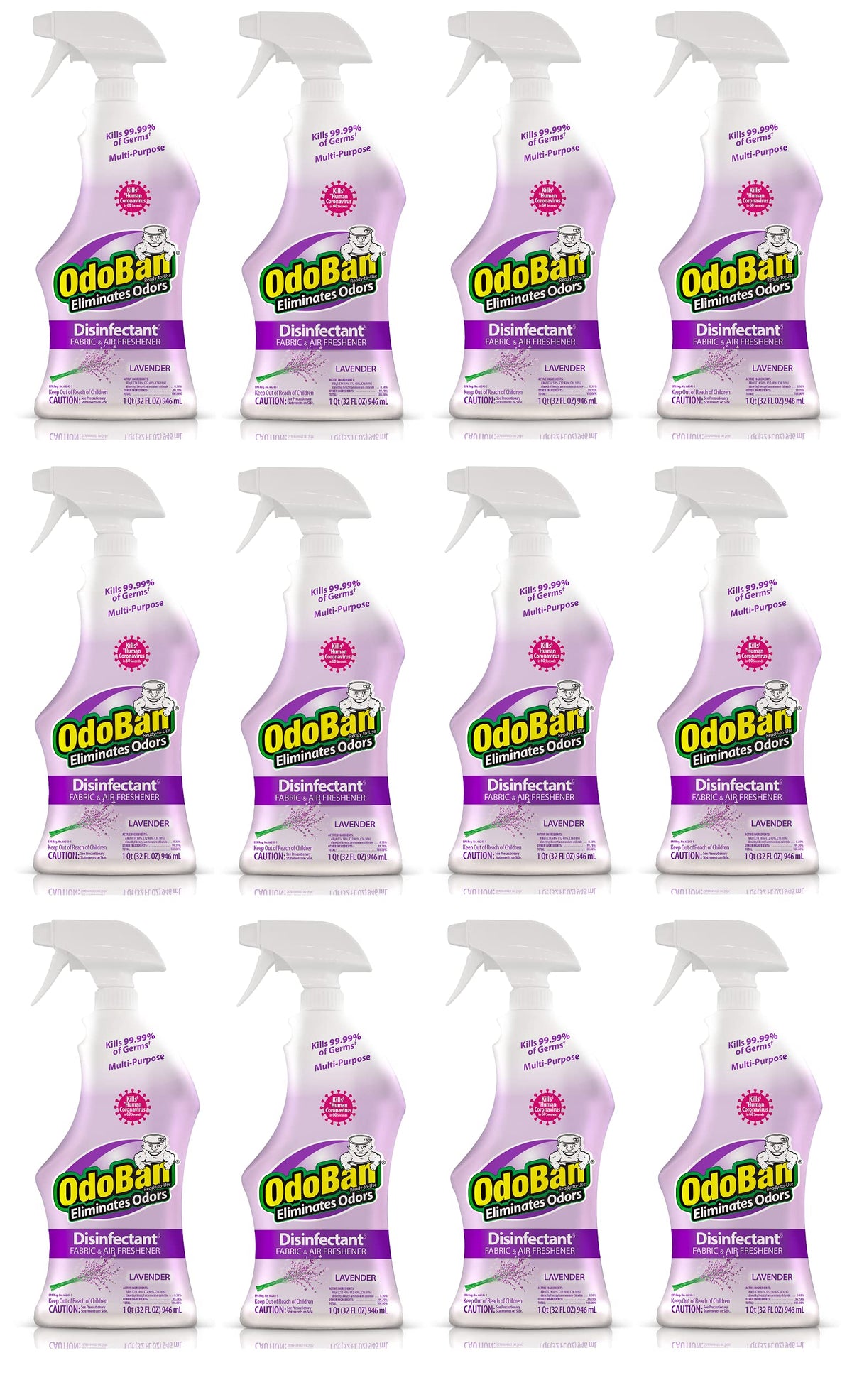 OdoBan Ready-to-Use Disinfectant and Odor Eliminator, Set of 12 Spray Bottles, 32 Ounces Each, Lavender Scent