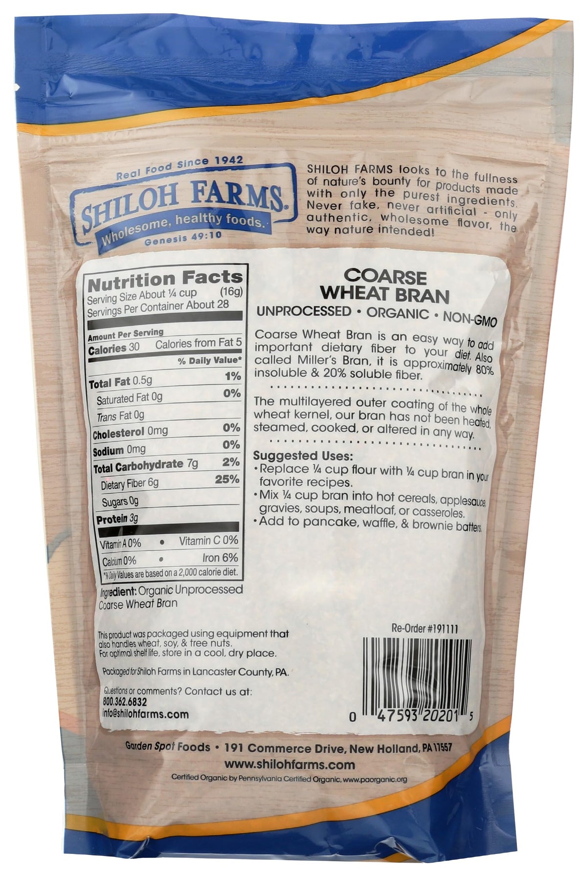 Shiloh Farms, Bran Coarse Organic, 16 Ounce