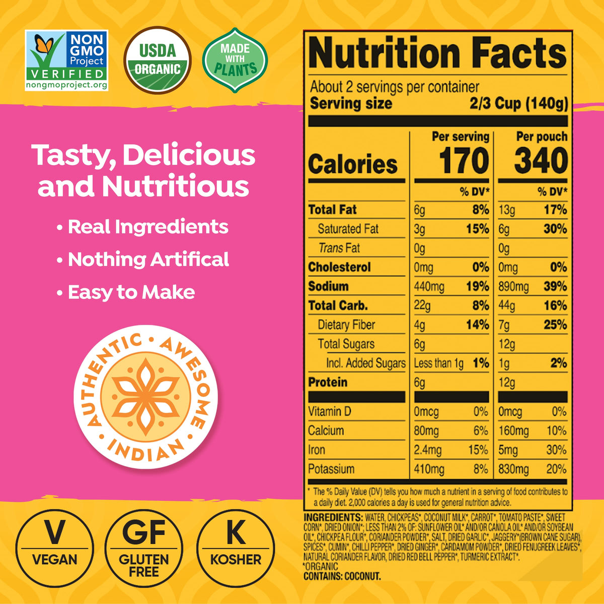 Tasty Bite Organic Chickpea Tikka Masala, Ready to Eat, Microwavable Entrée, Vegan, 10 Ounce (Pack of 6)