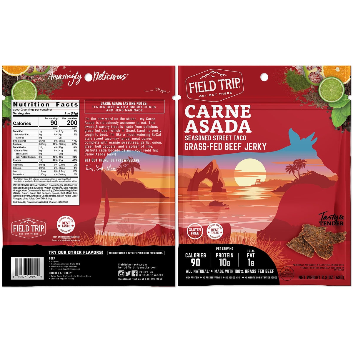 Field Trip Grass Fed Beef Jerky, Healthy Gluten Free Snacks, All Natural, High Protein, Low Carb Snack with No Nitrates, 2.2oz, 4 Pack, Carne Asada