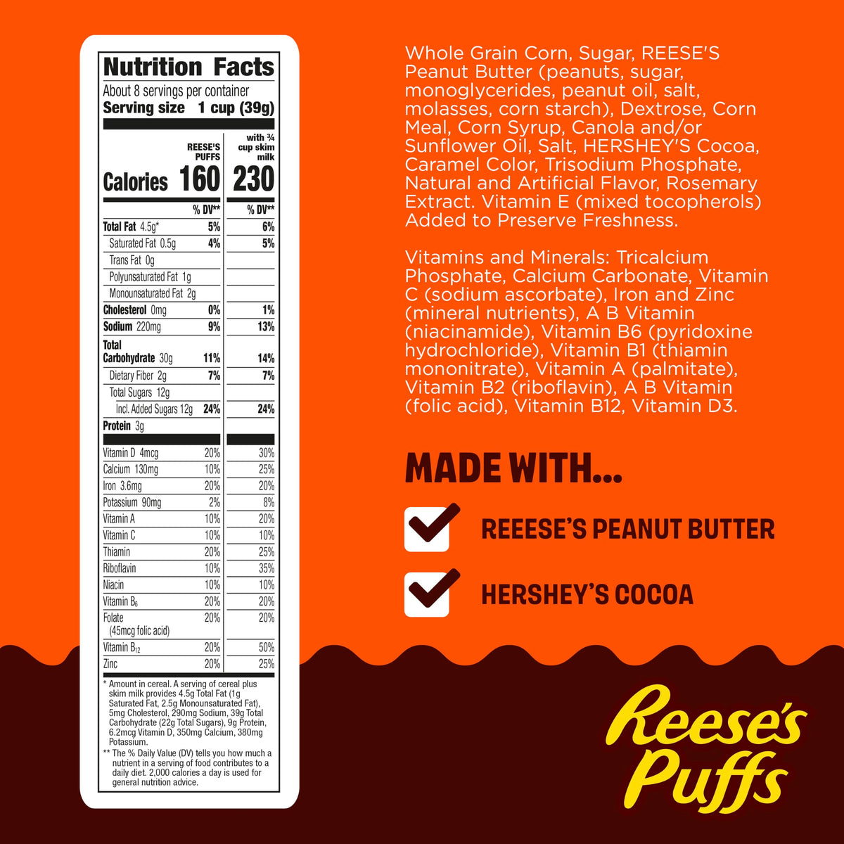 REESE'S PUFFS Breakfast Cereal, Chocolatey Peanut Butter Cereal, 11.5 oz