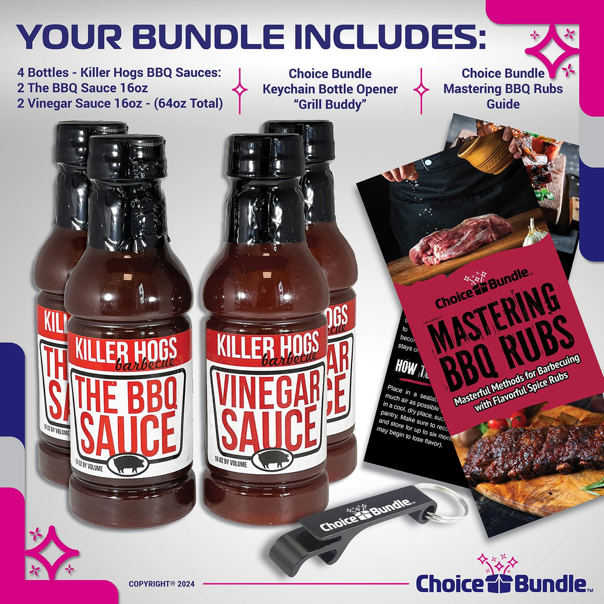 Killer Hogs The BBQ Sauce & Vinegar Sauce Premium 4 pk (64 oz) Great to Dip Toss Glaze & More + Barbecue Masters & Bottle Opener (6 Items)!