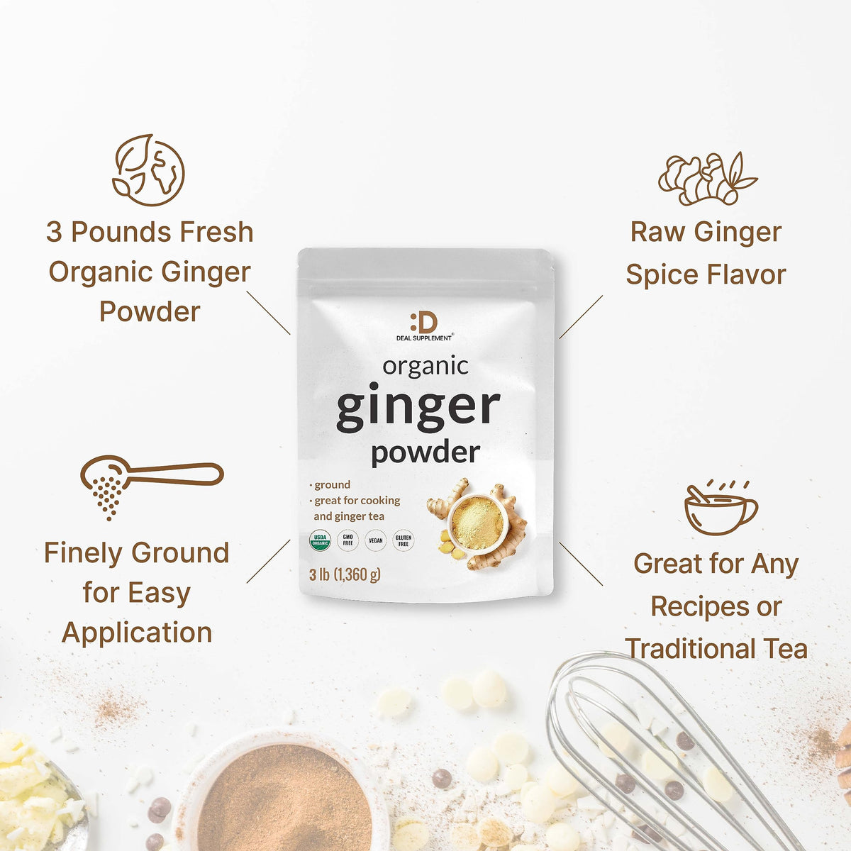 DEAL SUPPLEMENT Organic Fresh Ginger Powder, 3lbs - Finely Ground for Easy Mixing, Raw Ginger Spice Flavor, Indian Origin - Great for Chews, Tea