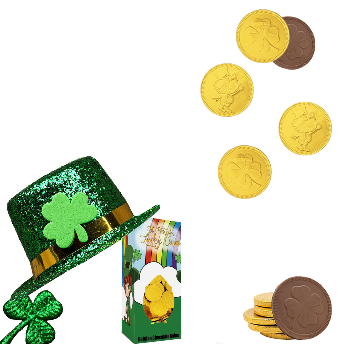 The Dreidel Company St. Patrick's Day Lucky Belgian Milk Chocolate Gold Coins, Nut-Free, Kosher Certified Dairy, Leprechaun Box (5 Pounds (Bulk))