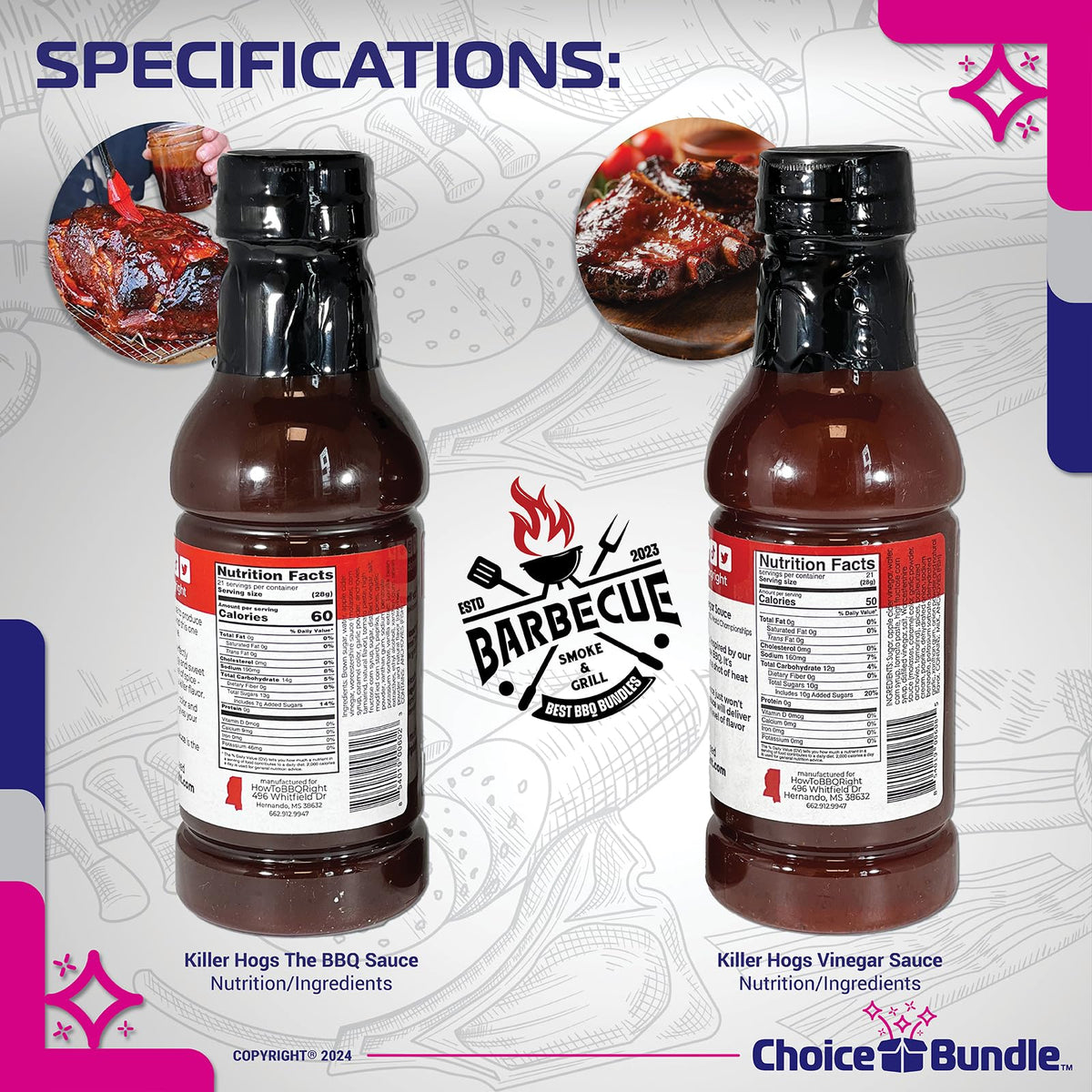 Killer Hogs The BBQ Sauce & Vinegar Sauce Premium 4 pk (64 oz) Great to Dip Toss Glaze & More + Barbecue Masters & Bottle Opener (6 Items)!