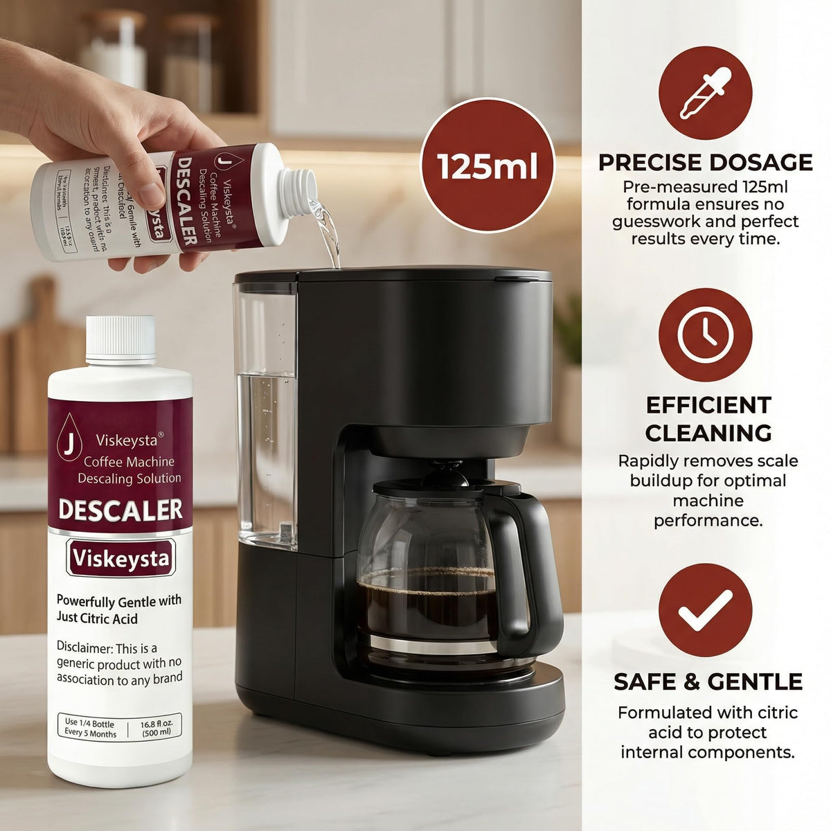 Viskeysta No-Pre-Soak Descaling Solution,Compatible with Ninja Coffee Makers, 500ml Bottle for 4 Uses