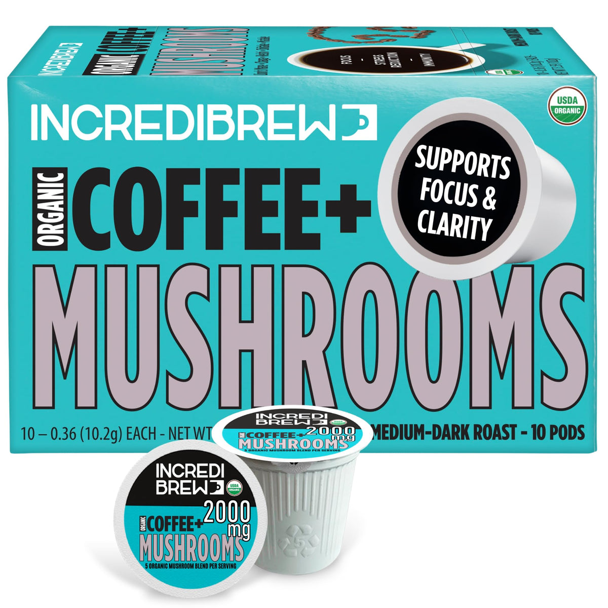 Incredibrew Organic Mushroom Coffee Pods, Keto Friendly with No Sugar; 2000mg Mushrooms (Lion's Mane, Chaga, Reishi, Miatake, Shiitake); Medium-Dark