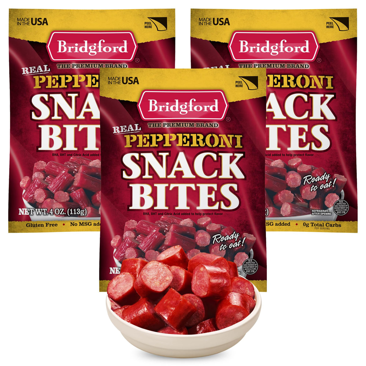 Bridgford Pepperoni Snack Bites 4 oz Pack of 3 - Ready-to-Eat Pepperoni Snacks for On-The-Go Snacking - Pork and Beef Pepperoni Bites with Zero Carbs