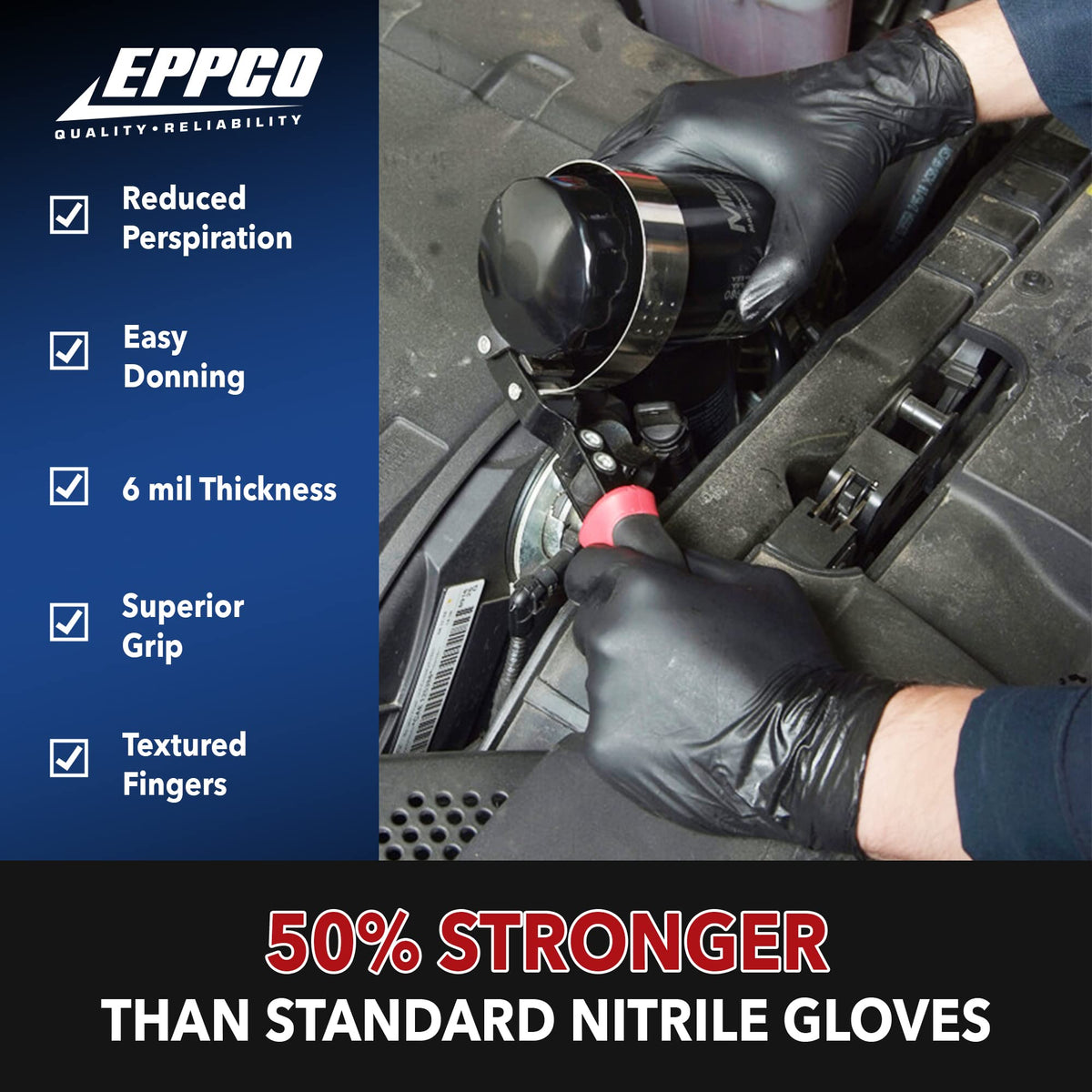 EPPCO Grease Bully 6-Mil Black Nitrile Gloves Disposable Powder Free, Latex Free Textured Superior Grip Glove for Mechanics, Auto-motive, Industrial
