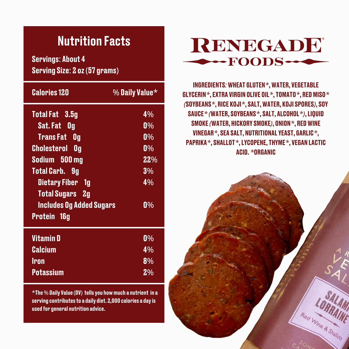 Renegade Foods Artisan Vegan Salami | 3 Pack | Lorraine | High Protein, Low Sugar, Seitan, Non-GMO | 16g of Protein Per Serving | Indulge
