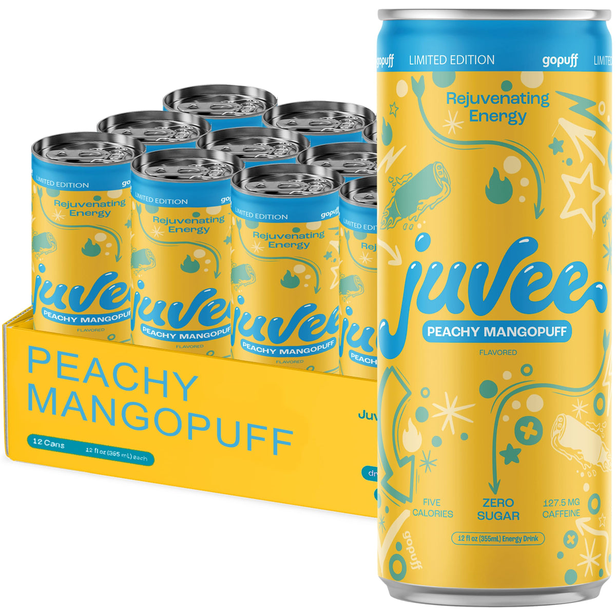 Juvee Rejuvenating Energy Drink - Sugar Free Peachy Mangopuff Flavor, 12 oz Cans (12-Pack) - 127.5mg Caffeine, Zero Sugar, Low Calorie, Clean Energy