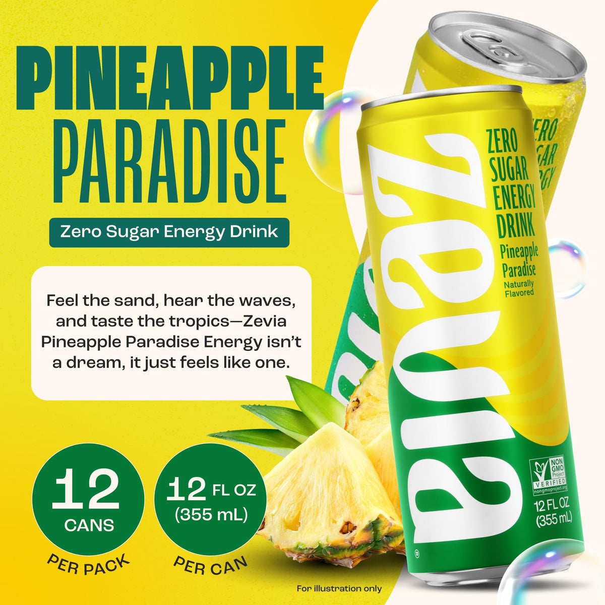 Zevia Zero Sugar Energy Drink, Pineapple Paradise, 12 oz Cans (12-Pack) - Naturally Sweetened, Non-GMO Project Verified, Gluten-Free, Vegan