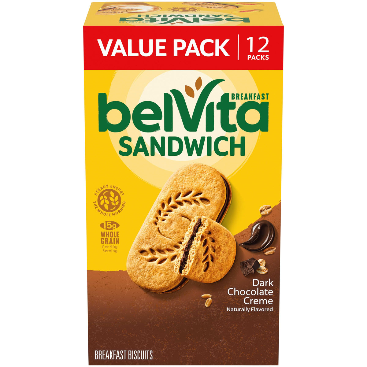belVita Breakfast Bar Biscuit Sandwiches, Dark Chocolate Creme, Value Pack, 12 Packs (2 Biscuits Per Pack)