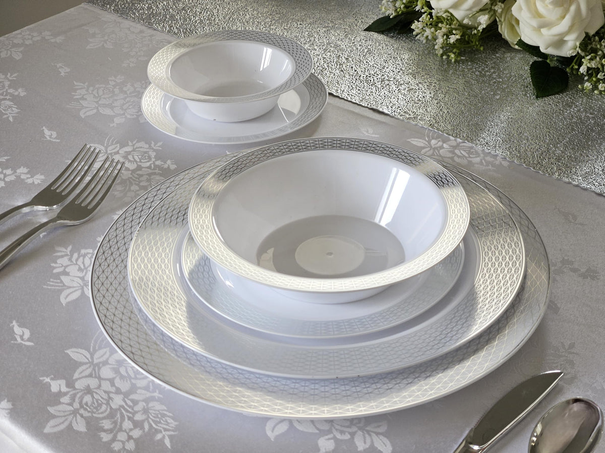 OCCASIONS 120 Pack Silver Charger Plates Bulk, 12" Disposable Heavy Duty Plastic Plate Chargers for Dinner Wedding Party Events, BPA Free (Diamond in