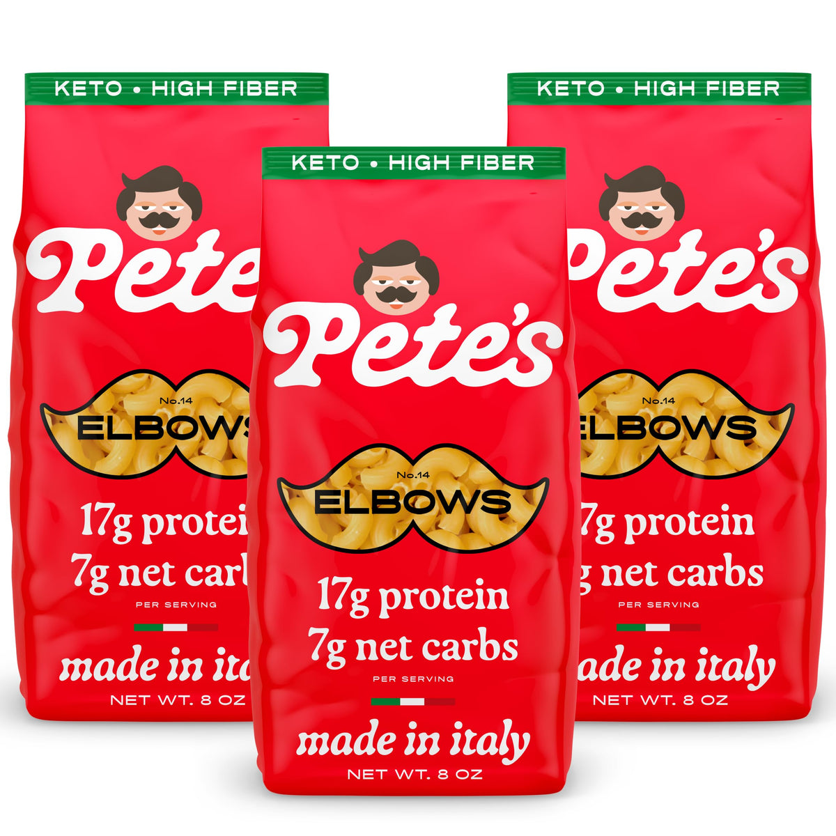Low Carb, Protein Pasta | Elbow Macaroni with 17g Protein, 7g Carbs | Healthy, Keto Pasta Made in Italy | 3-Pack, 8oz - Pete’s Pasta
