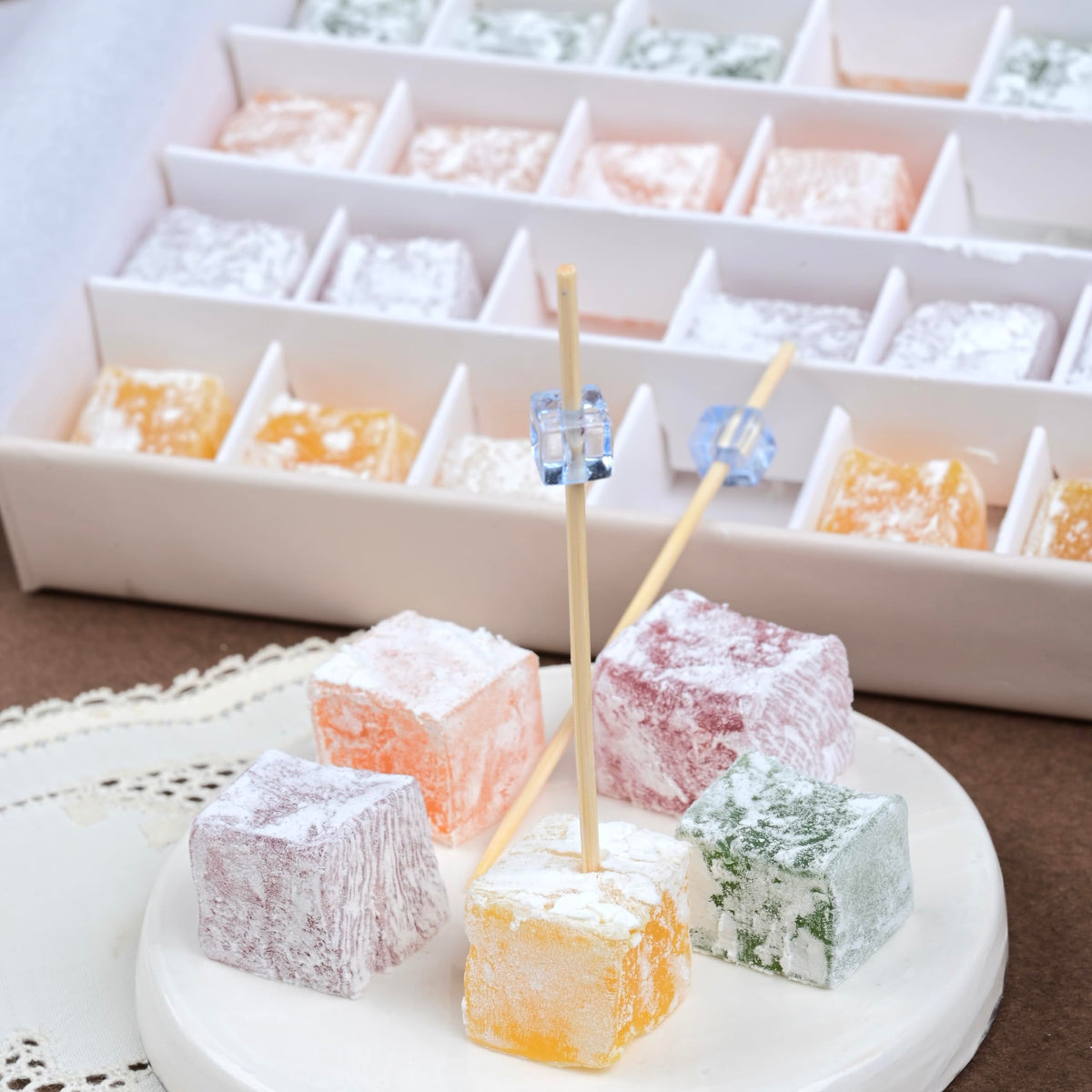 Biteyz Original Turkish Delight, Vegan Candy Gift Box - Assorted Gourmet Fruit Snacks with Lemon, Apple, Orange, Pomegranate, and Raspberry Flavors