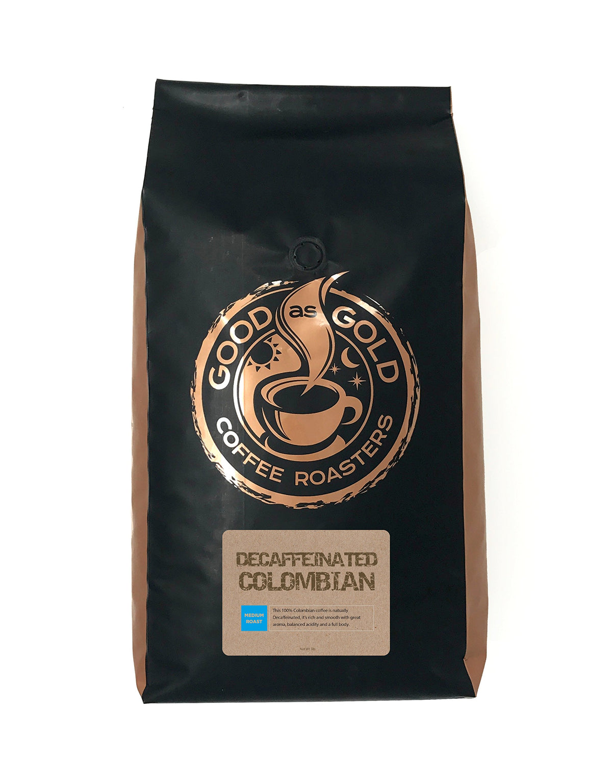 100% Colombian Decaf Coffee - Good As Gold Coffee Roasters - Whole Bean (5lb)