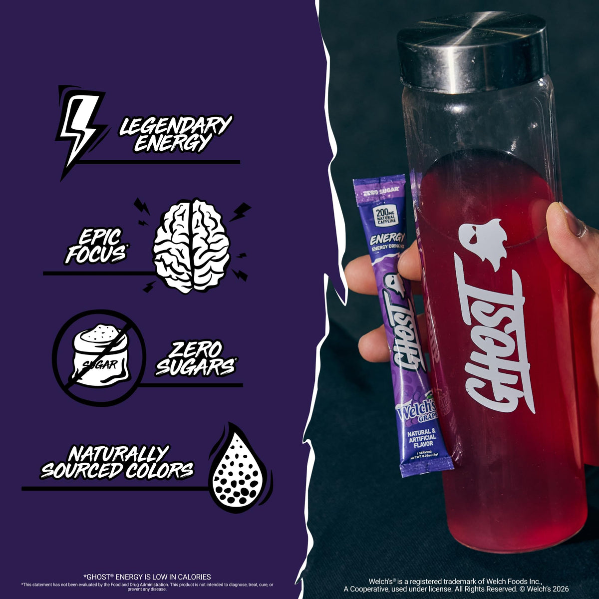 GHOST Sugar-Free Energy Drink Packets, Welch's Grape, 24 Sticks