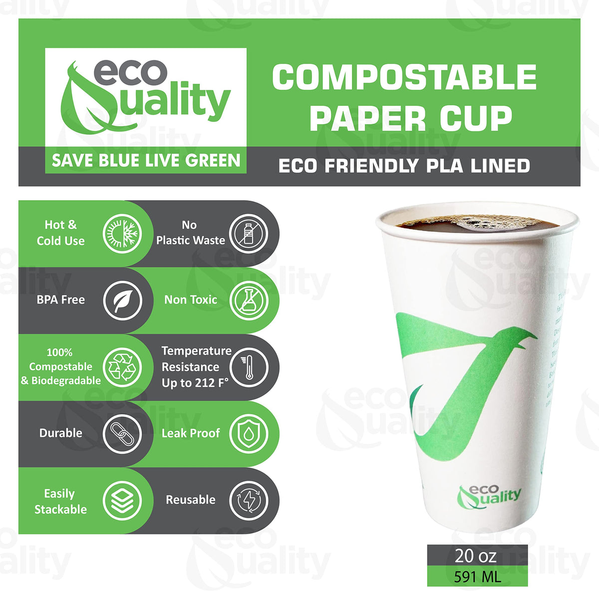 EcoQuality 20 oz Compostable Paper Cups - Biodegradable Disposable White Paper Coffee Cups PLA Lined - Eco-friendly Hot and Cold Drinking Cups