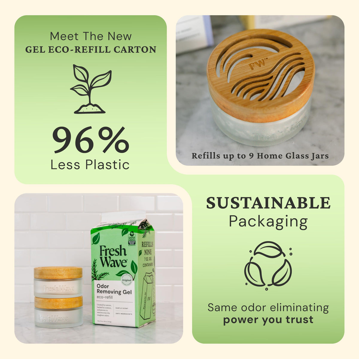 Fresh Wave Odor Removing Gel Eco-Refill, 63 oz. Original Scent | 2 Empty Refillable Glass Jars | 2 Room Set