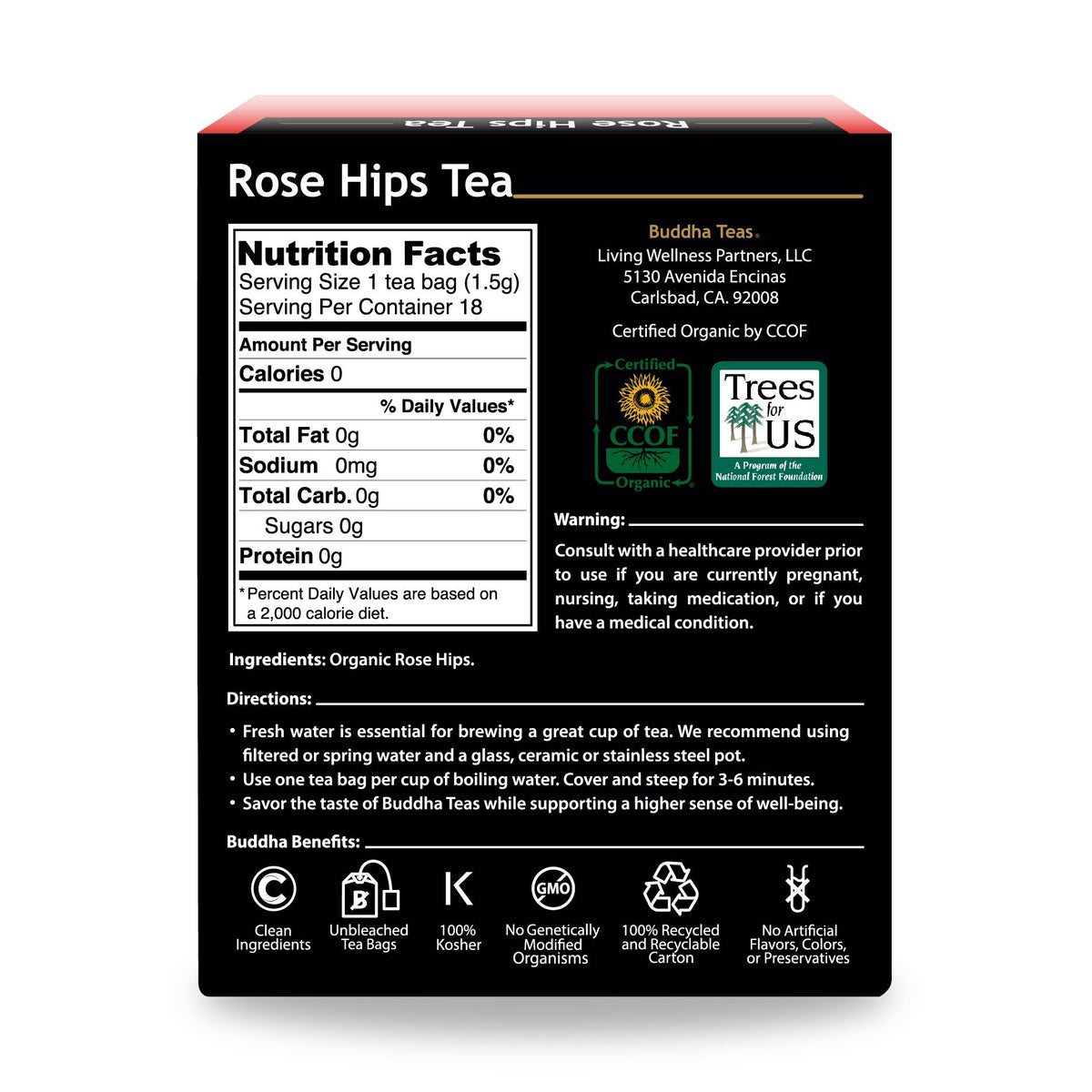 Buddha Teas Organic Rose Hips Tea - OU Kosher, USDA Organic, CCOF, 18 Bleach-Free Tea Bags