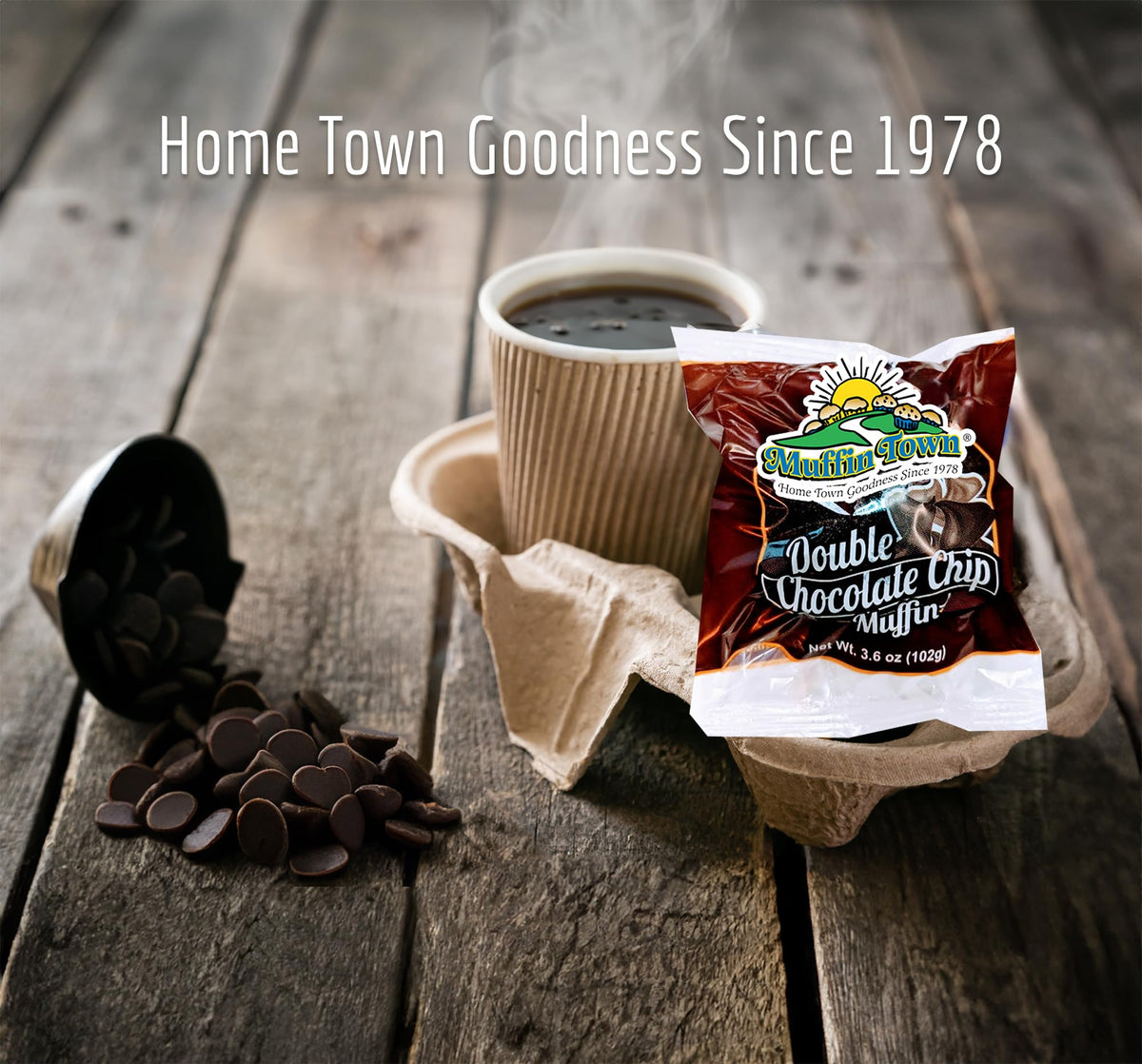Muffin Town Double Chocolate Chip Muffins - 12 Individually Wrapped | 3.6 oz | Real Cocoa + Chocolate Chips | Freeze & Thaw Soft in 5 Min | Nut-Free