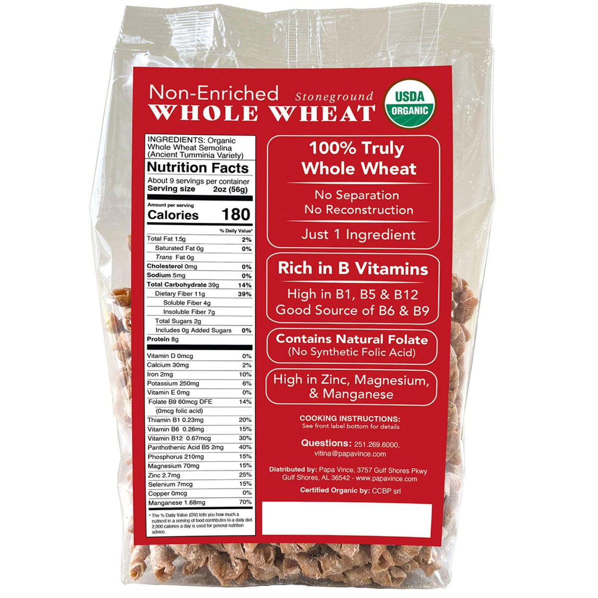 Papa Vince Organic Non Enriched Pasta - Ancient Grain, high in fiber, high in protein, Timilia/Tumminia grown in Sicily Italy. Al dente texture, nutty