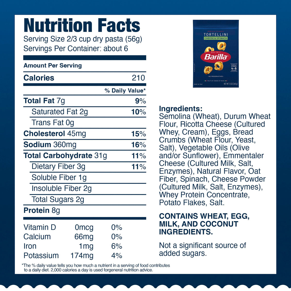 Barilla Cheese & Spinach Tortellini Pasta, 12 oz. Bag - 6 Servings Per Bag - Pantry Friendly Dried Tortellini - Made with Non-GMO Ingredients