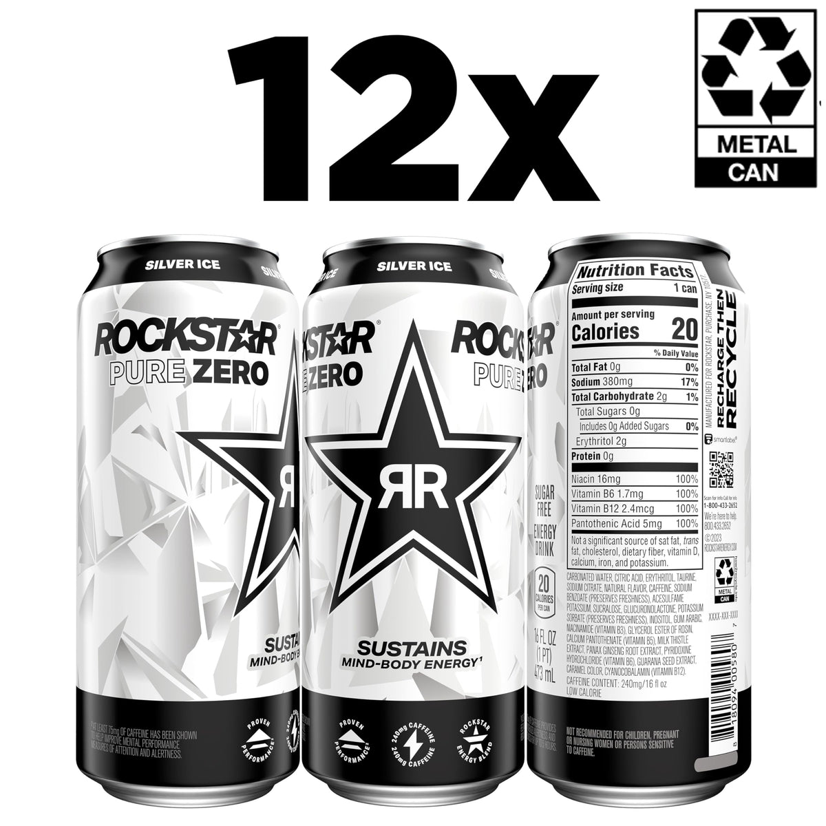 Rockstar Pure Zero Energy Drink, Silver Ice, 0 Sugar, with Caffeine and Taurine, 16oz Cans (Pack of 12) (Packaging May Vary)