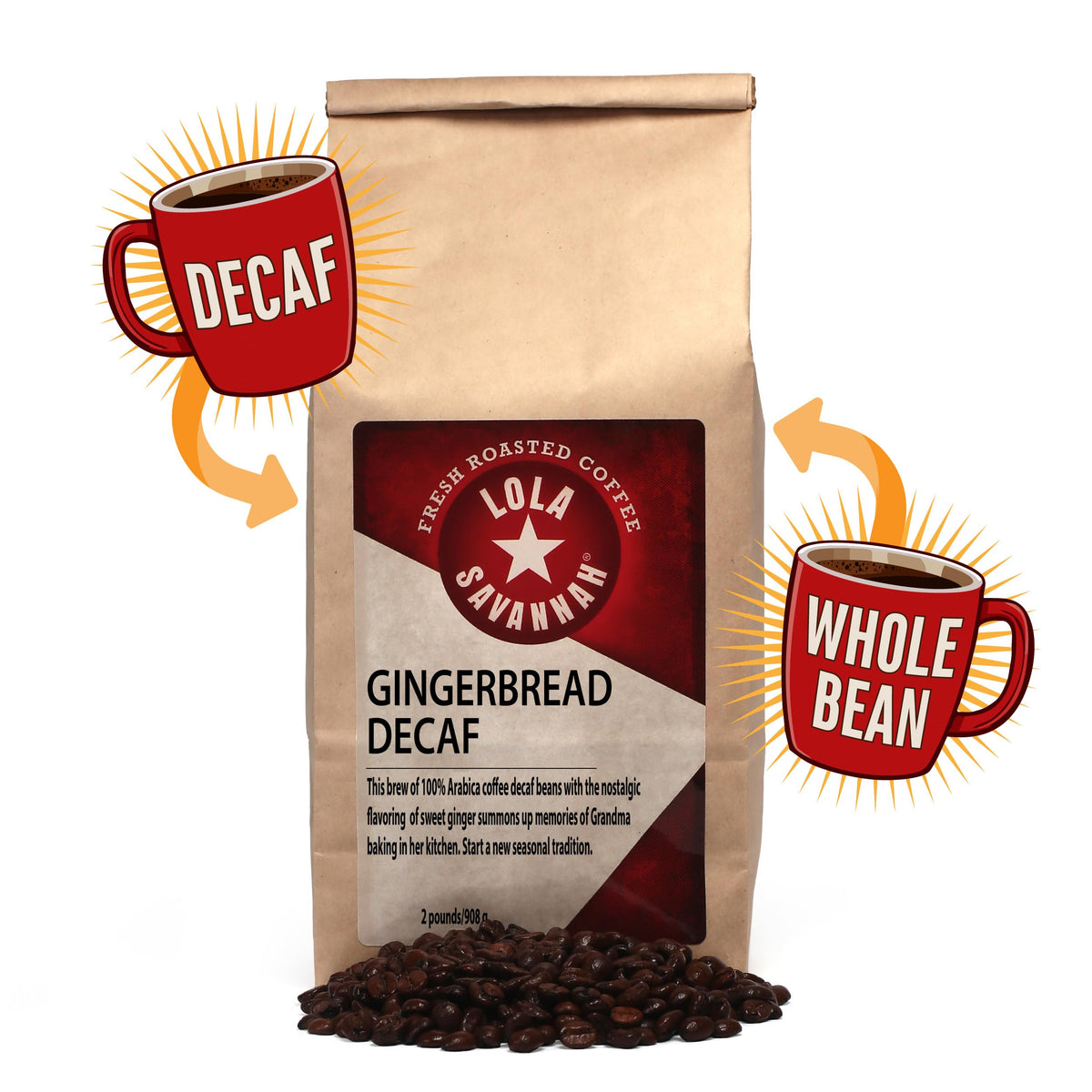 Lola Savannah Gingerbread Whole Bean Decaf Coffee, 2lb