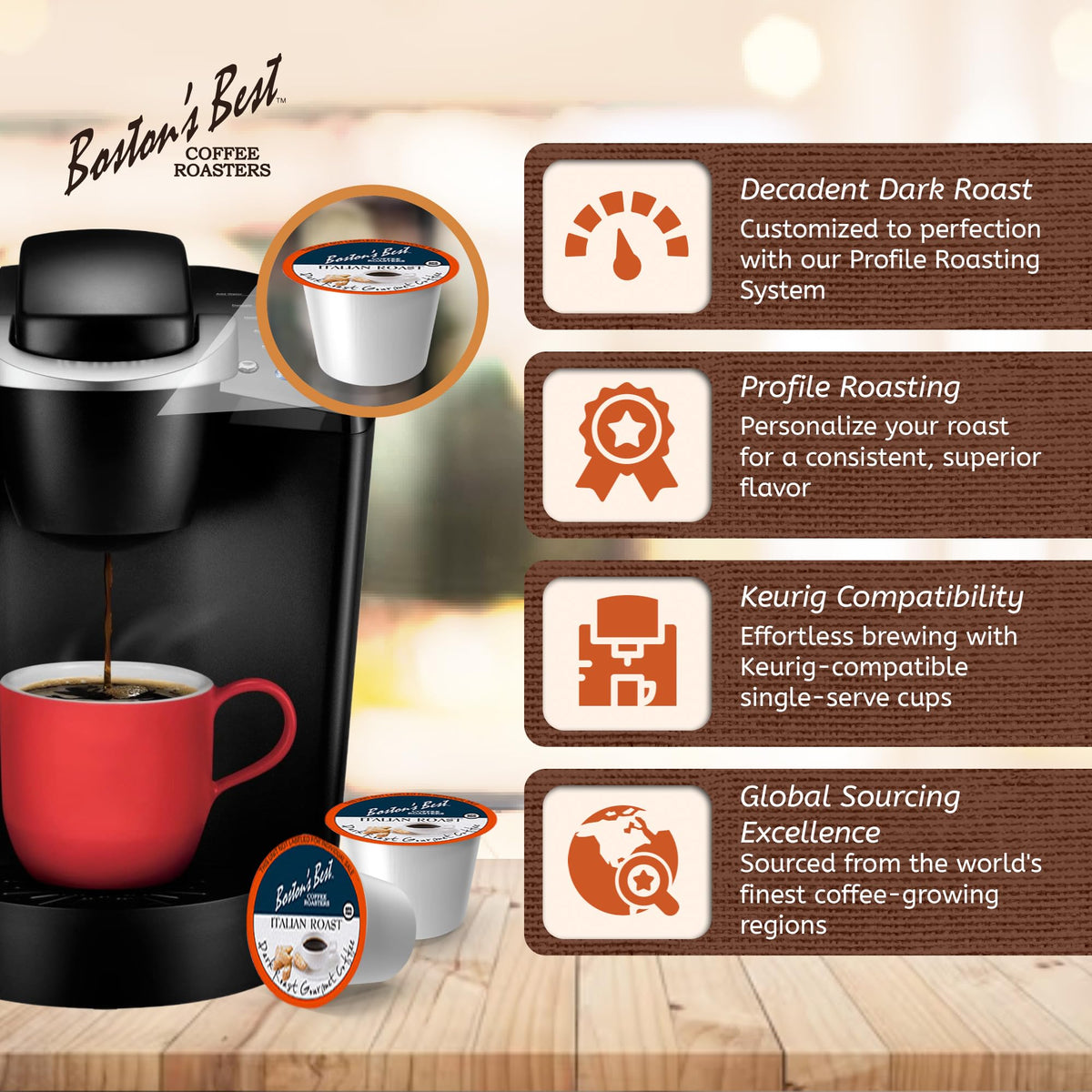 Boston’s Best - Italian Roast, Deliciously Bold Dark Roast Gourmet Coffee Compatible with Keurig Coffee Maker, 1 Count (42 Single Serve Cups)