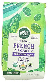 Whole Foods Market, Organic Whole Bean Coffee, Dark French Roast, Smoky & Sweet, Smooth & Creamy, 12 Ounce