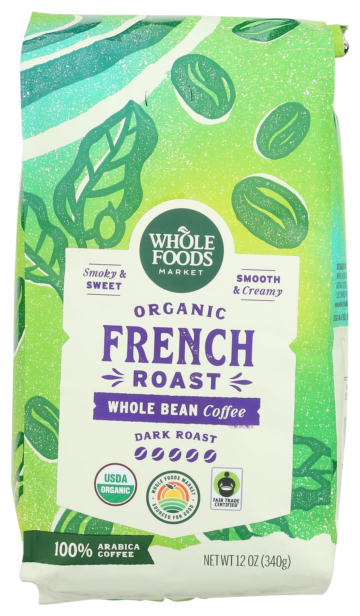 Whole Foods Market, Organic Whole Bean Coffee, Dark French Roast, Smoky & Sweet, Smooth & Creamy, 12 Ounce
