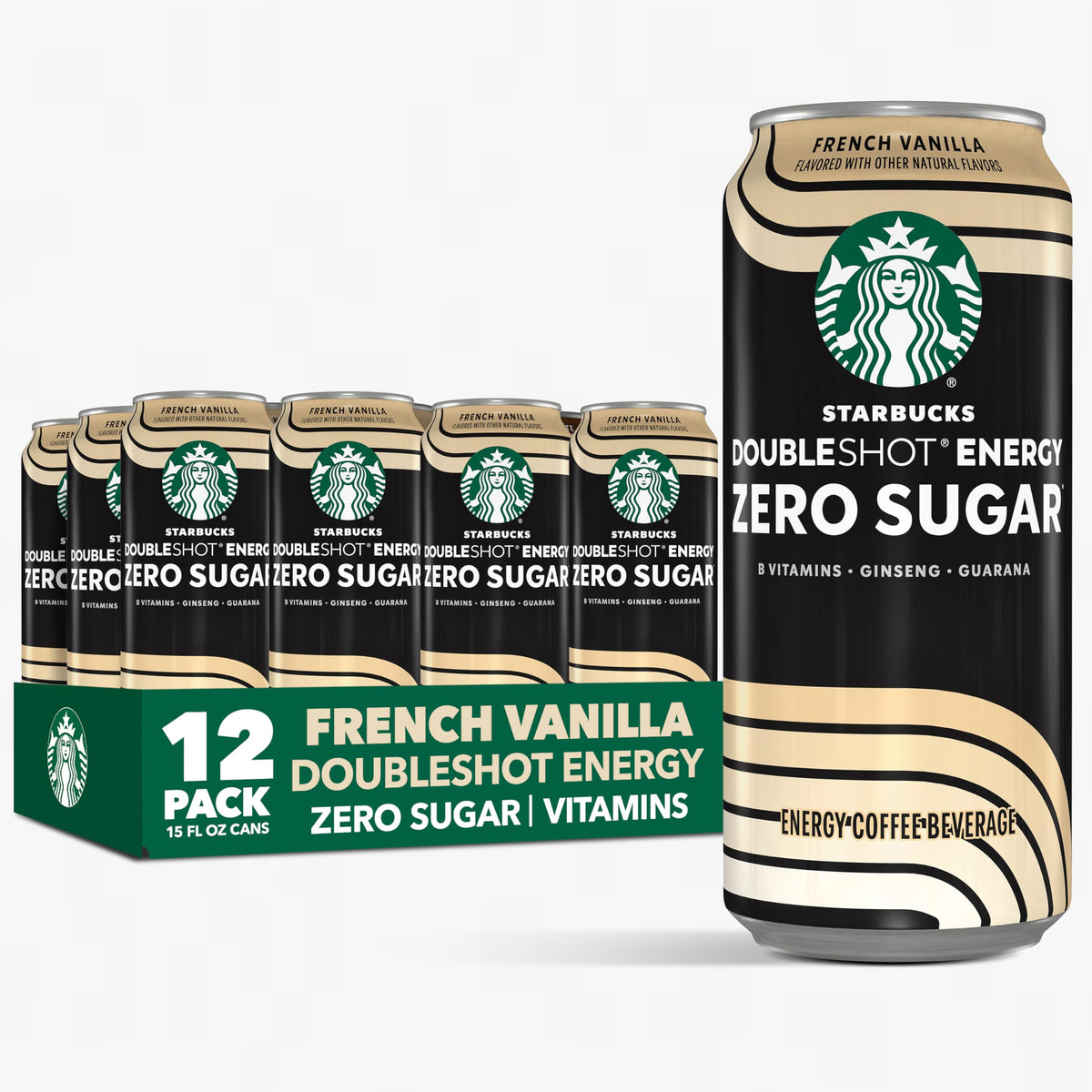 Starbucks Doubleshot Zero Sugar Coffee Energy Drink, French Vanilla, 15 fl oz Cans, (12 Pack), Zero Sugar, B Vitamins, Ginseng, Guarana, Iced Coffee