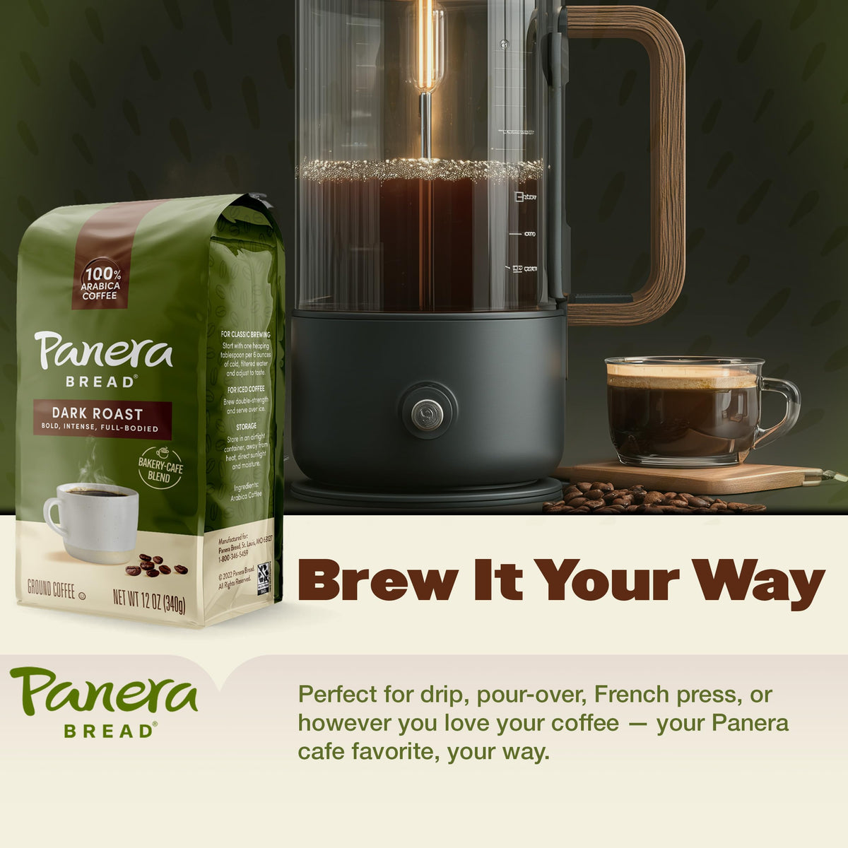 Panera Dark Roast Ground Coffee, - Bold Breakfast Brew with Dark Chocolate Finish - 100% Arabica Beans, Sustainably Sourced - Kosher, Dairy-Free