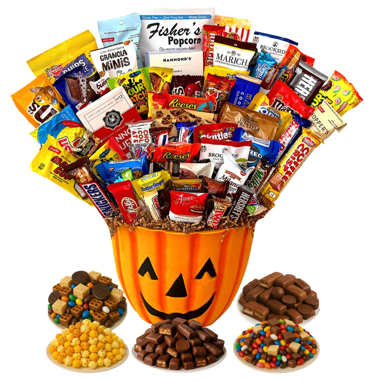 Halloween Pumpkin Gift Basket - Assorted Candy, Chocolates, Cookies & Snacks - Customizable Gift for Kids, Adults, Family, or Office (12" Timberland