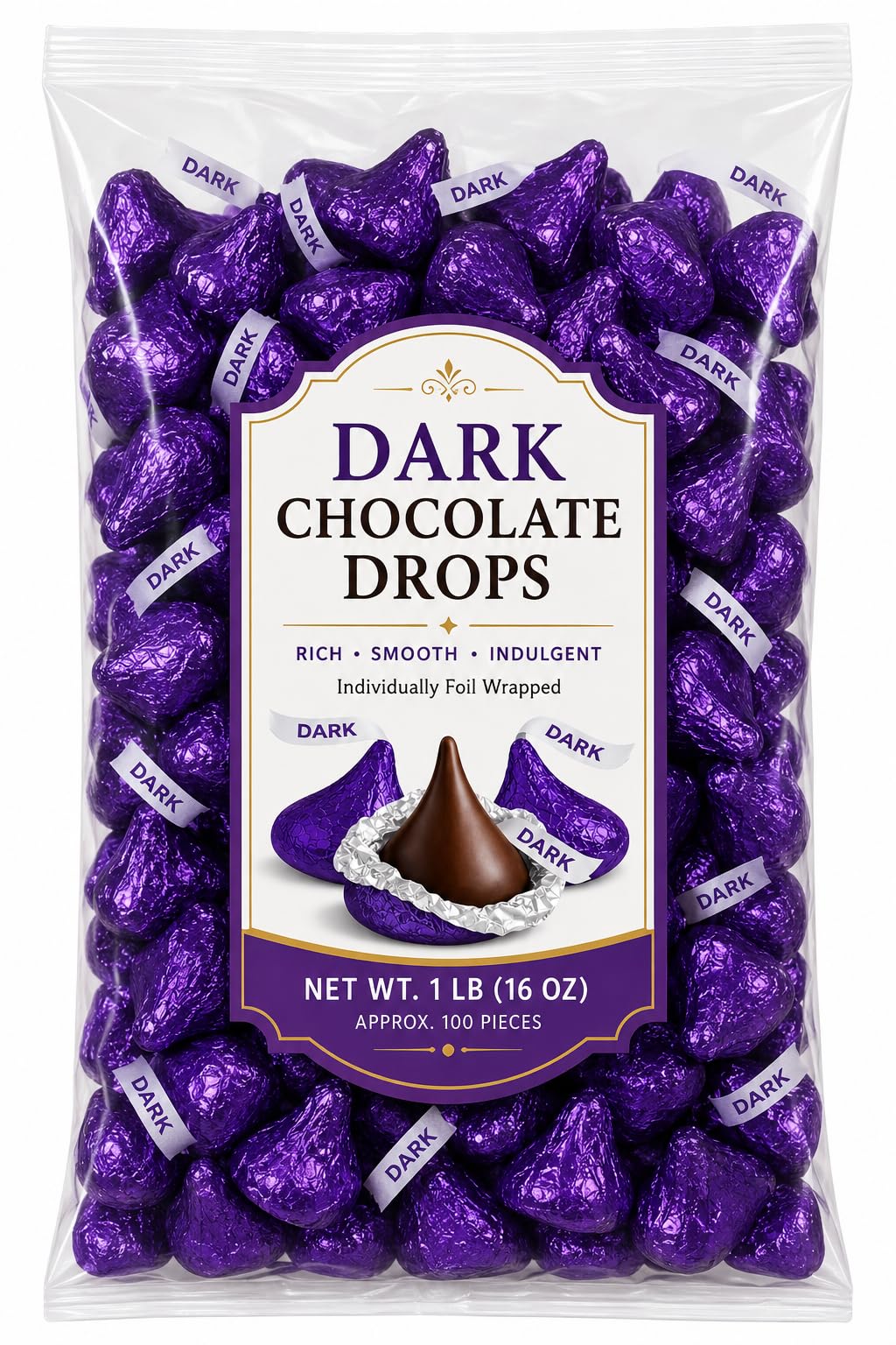Foil Wrapped Dark Chocolate Candy Pieces Bulk Bag - 1 lb (Approx. 100 pieces)