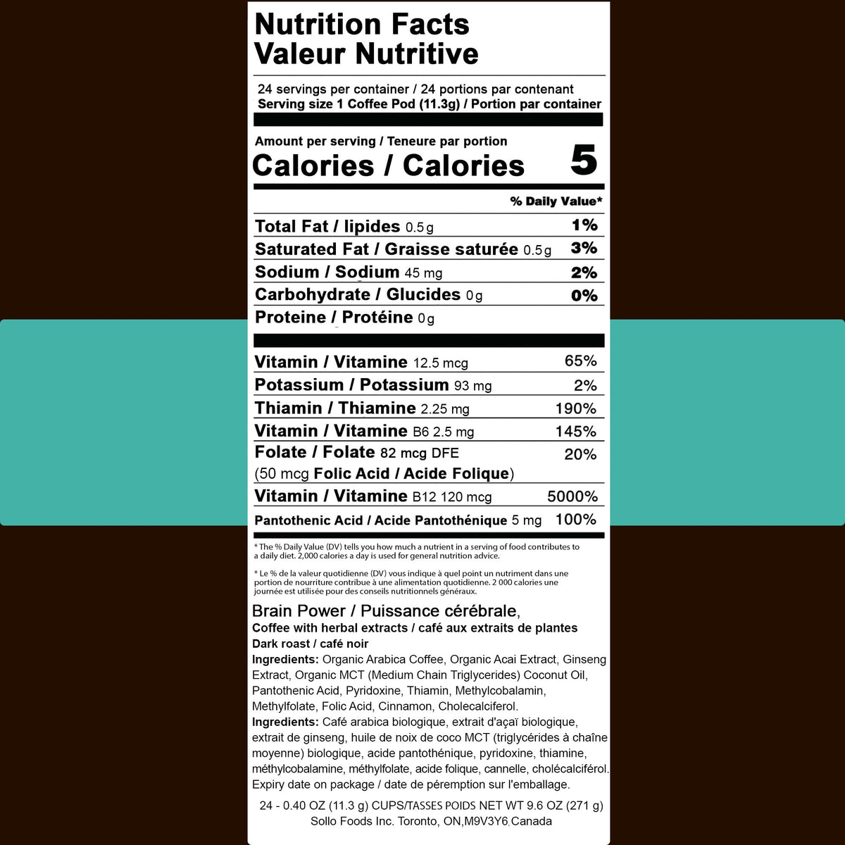 SOLLO Brain Power Dark Coffee Pods MCT & Essential nutrition, Nootropic Brain Booster, For Memory & Focus Compatible with 2.0 K-Cup Keurig Brewers, 24