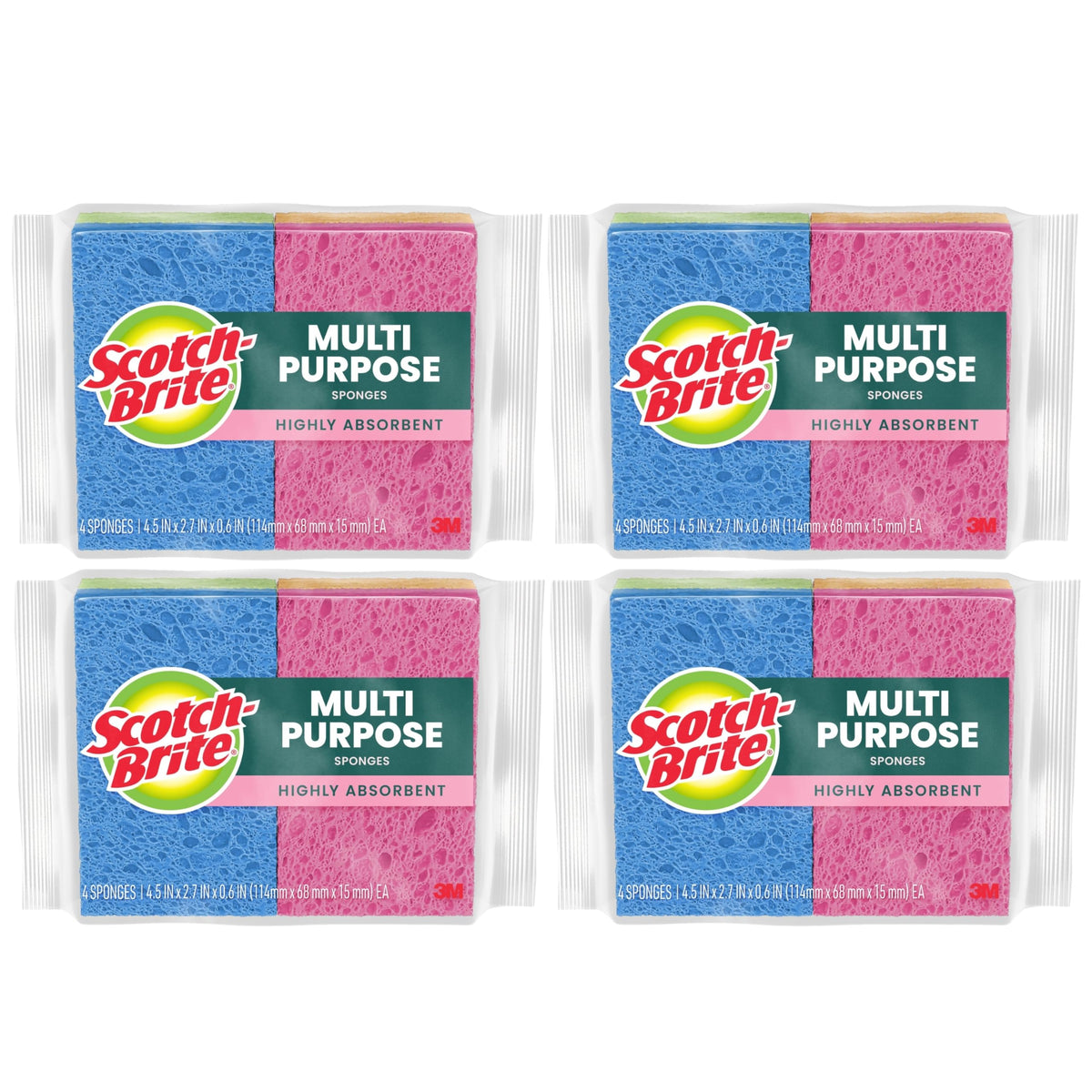 Scotch-Brite Multi-Purpose Kitchen Sponges, 16 Total (4 Packs of 4), Highly Absorbent Non-Scratch Dish Sponges, Plant-Based Fibers, Dishwasher-Safe