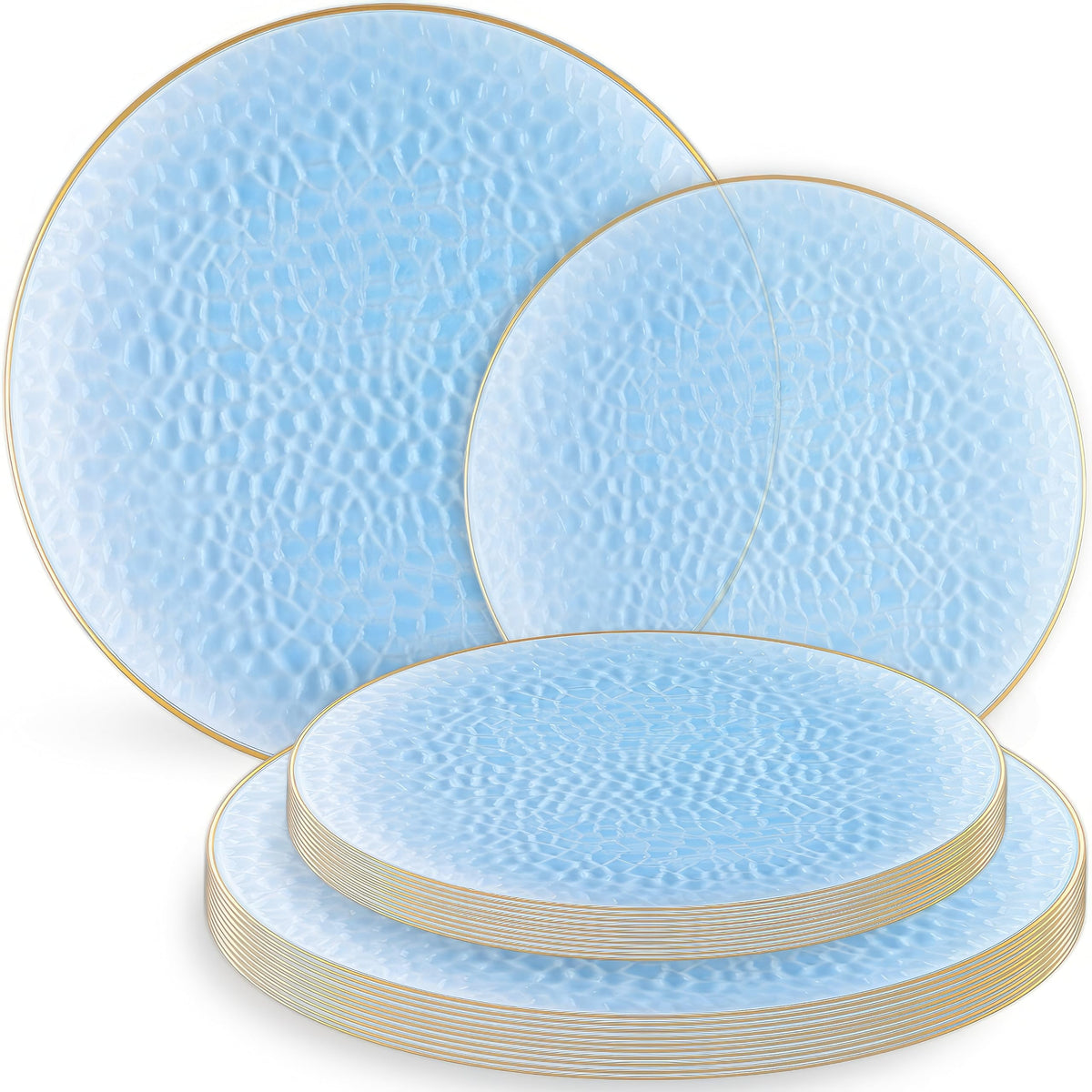 Organic Hammered Dusty Blue Plates Disposable, (32 Ct) 7" & 10" Blue Clear Plastic Plates Combo, Perfect Blue Disposable Plates for Fancy Plastic