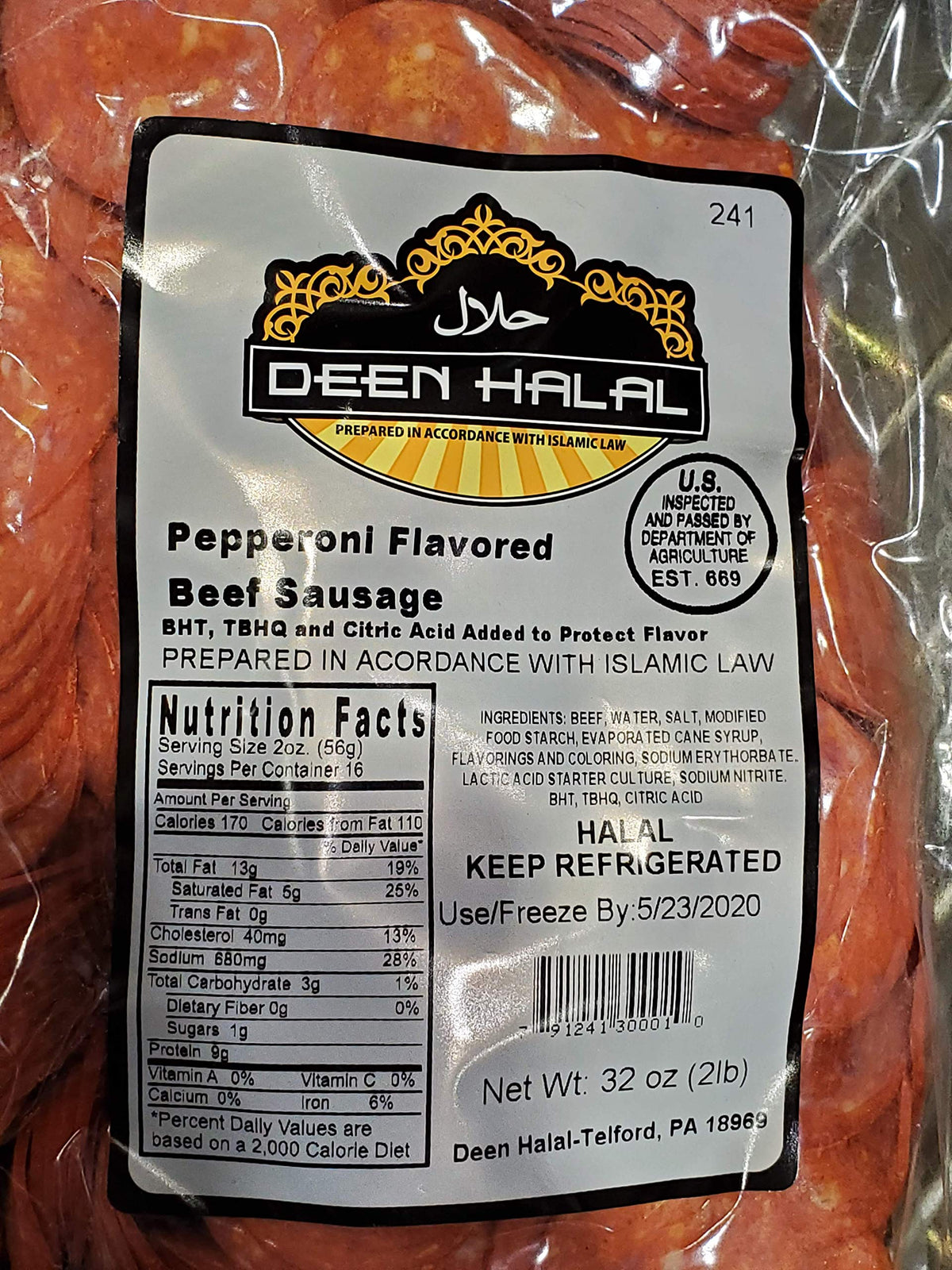 Deen Halal Sliced Pepperoni Flavored Beef Sausage 2lb (2 pack) Total 4lb