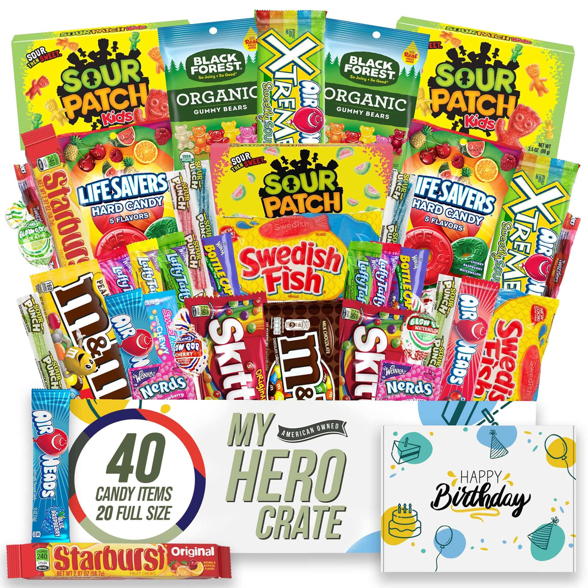 Military Birthday Candy Snack Box (40 Full Size Variety Gift Basket Care Package) Gummy Snacks, Swedish Fish, Chocolate & More - My Hero Crate