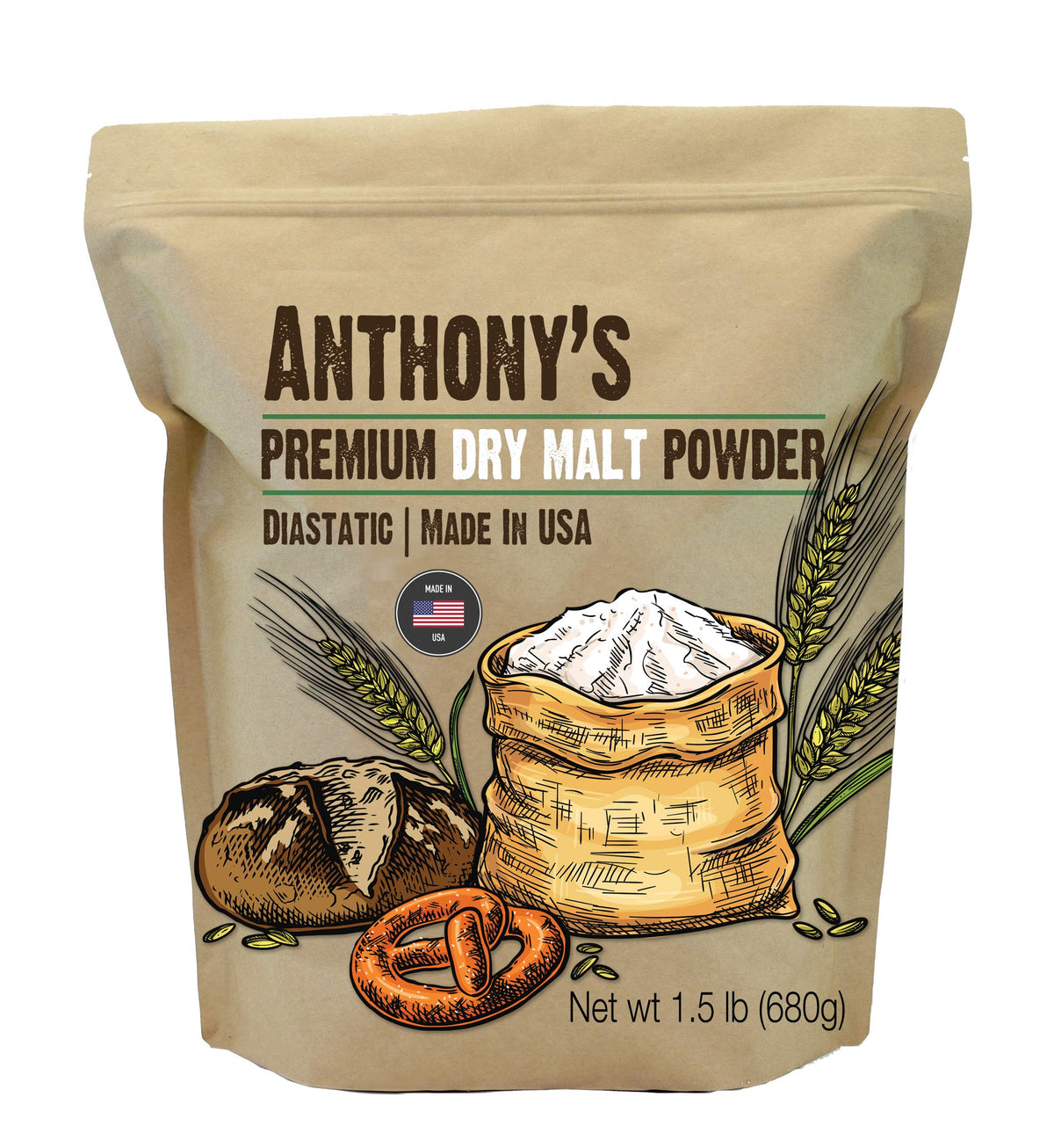 Anthony's Diastatic Dry Malt Powder, 1.5 lb, Made in the USA, Diastatic, Malted Barley Flour
