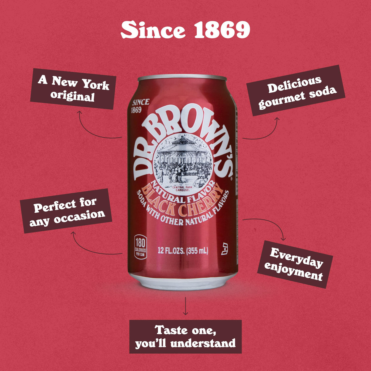 Dr. Brown's Black Cherry Soda - A New York Original - 24 Cans - Kosher, Gourmet Soda Pop - Black Cherry Flavored Craft Soda - 24 x 12 oz Cans
