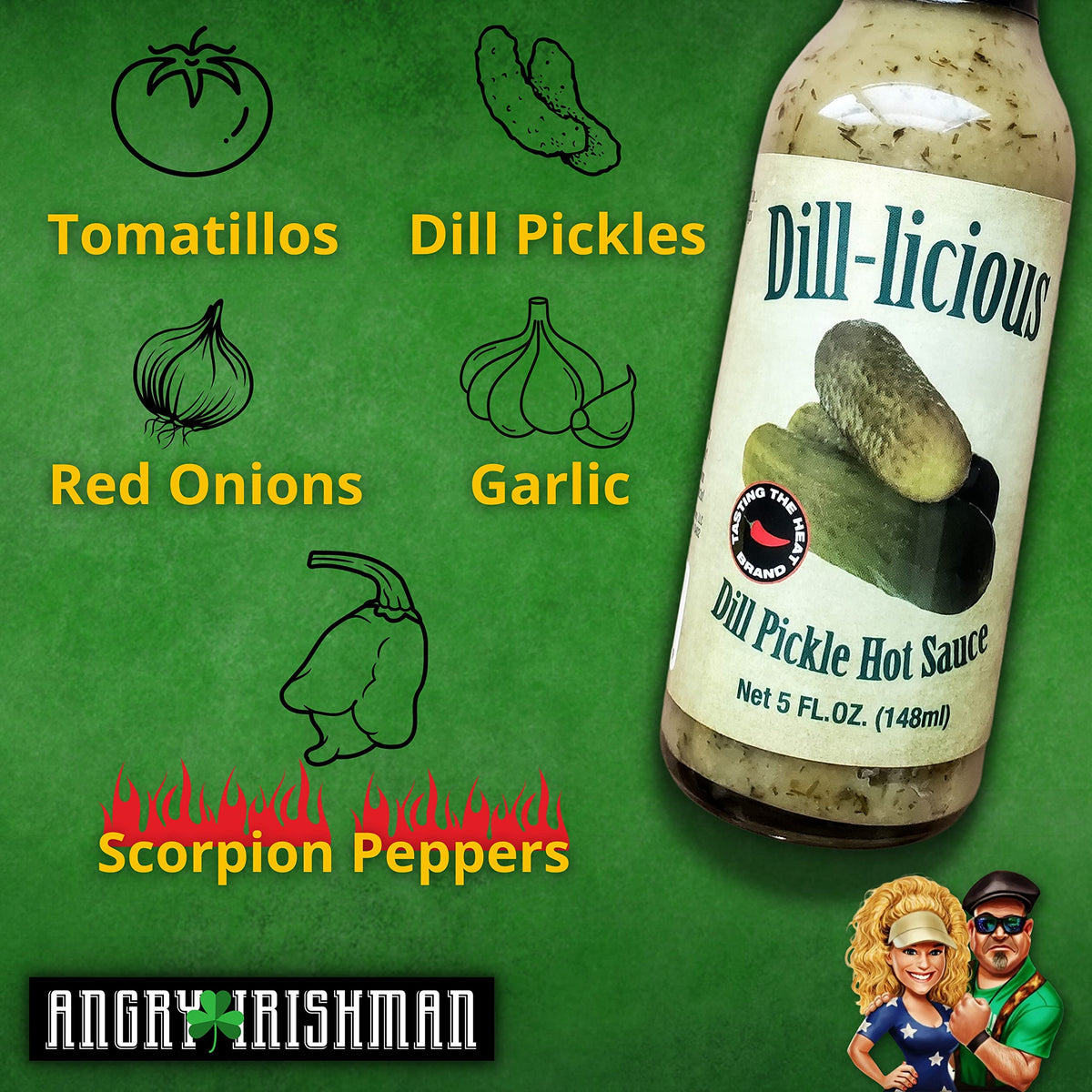 Dill-licious Dill Pickle Hot Sauce Medium Heat, Made with Fresh Scorpion Peppers, Garlic and Onions, Small Batch & Handmade in the USA, No