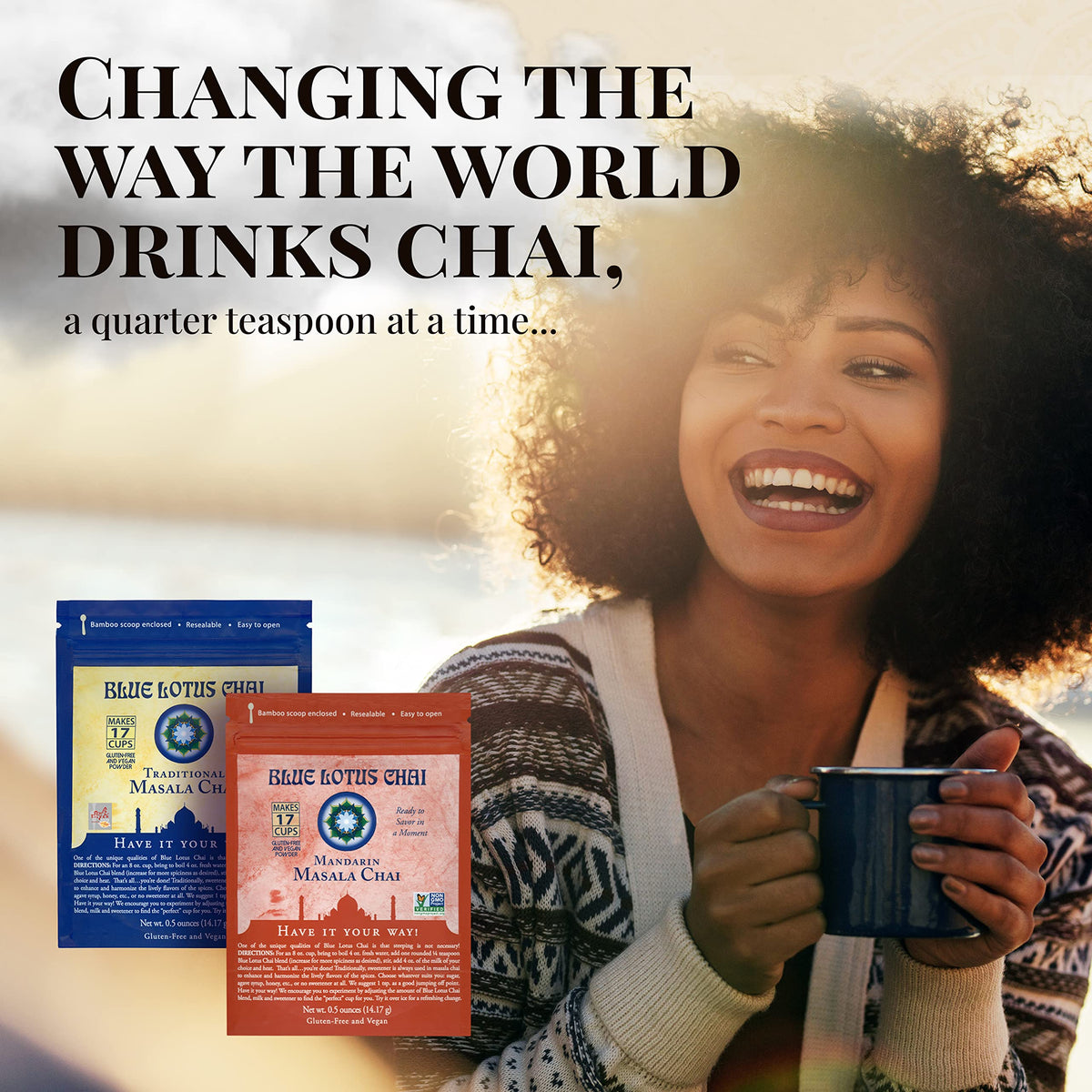 Blue Lotus Chai - Golden Masala Flavor Chai - Makes 17 Cups - 0.5 Ounce Masala Spiced Chai Powder with Organic Spices - Instant Indian Tea No Steeping