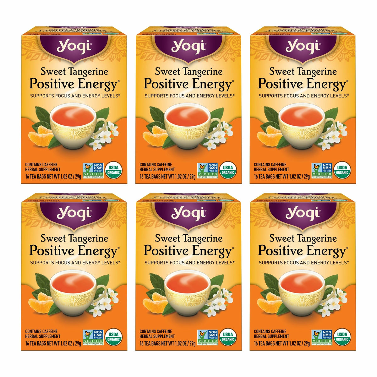 Yogi Sweet Tangerine Positive Energy Tea - 16 Tea Bags per Pack (6 Packs) - Organic Tangerine Energy Tea - Includes Black Tea Leaf, Yerba Mate Leaf