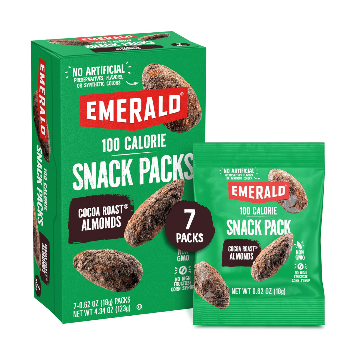 Emerald Nuts Cocoa Roast Almonds 7 Ct (1-Pack), 100-Calorie Individual Packs, Kosher Certified, Non-GMO, Contains No Artificial Preservatives, Flavors