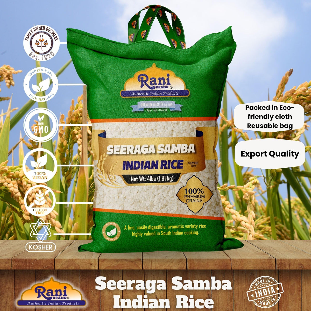 Rani Seeraga Samba Indian Rice 64oz (4lbs) 1.81kg Cloth Bag ~ All Natural | Gluten Friendly | Vegan | Kosher | Export Quality | Indian Origin